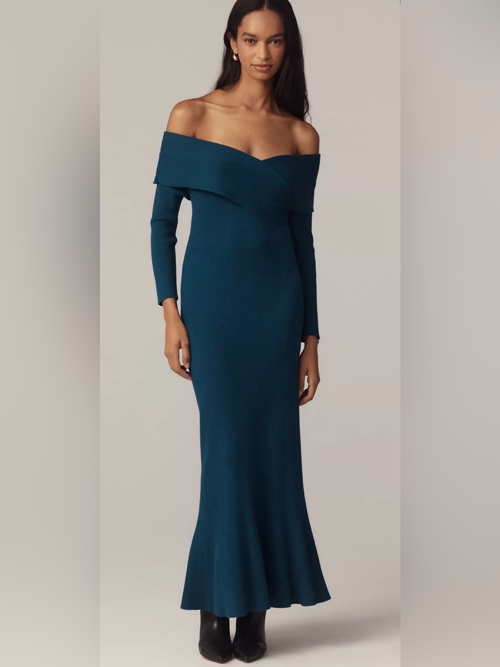 Anthropologie Off-Shoulder Long Sleeve Teal Dress